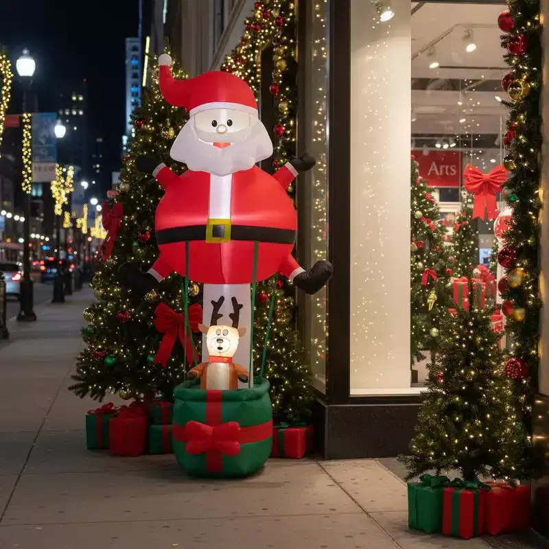 Gymax 8' Christmas Inflatable Santa Claus & Reindeer Giant & Hot Air Balloon w/ LED Lights Ropes and Stakes Waterproof Outdoor Settings