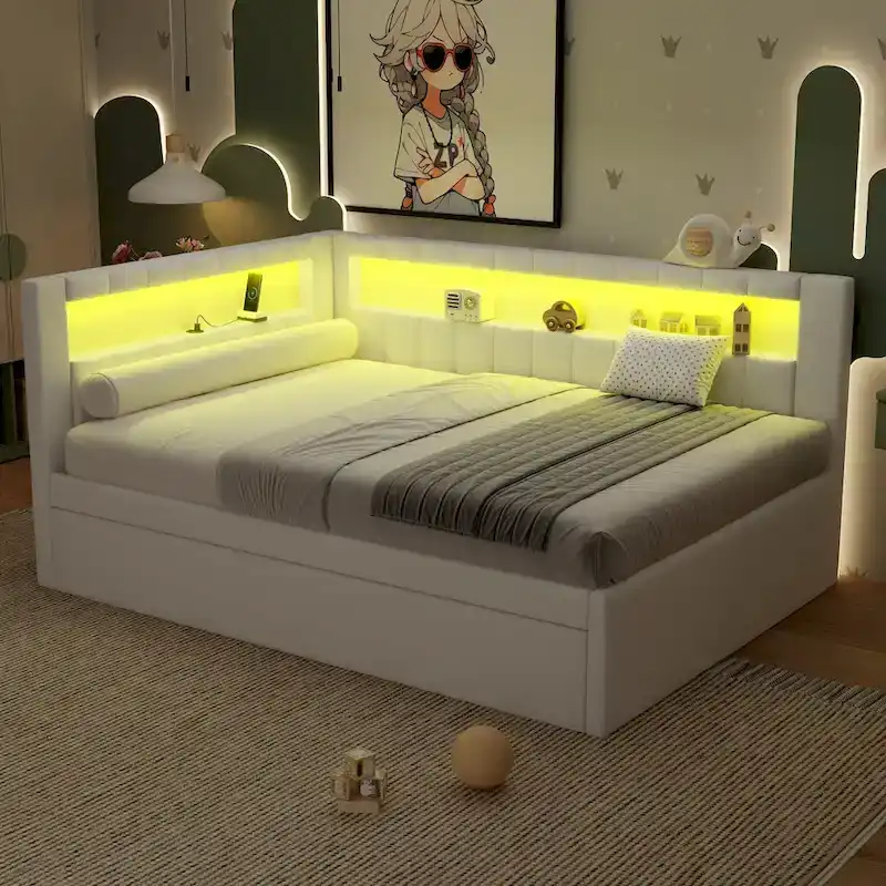 Lit plateforme rembourré avec ports USB et éclairage LED - Cadre de lit double/simple avec 2 tiroirs de rangement - Chambre moderne
