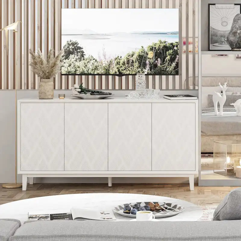 Modern 4-Door Cabinet with 3D Curved Motif and Push Latch �� TV Stand, Sideboard & Buffet