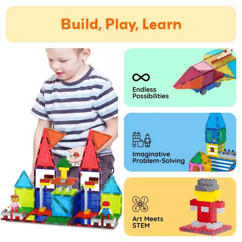 PICASSO-TILES Magnetic Brick Tiles Building Block Set, STEM Creative Construction Toy with Socket Spikes, Educational Imaginative Learning Kit