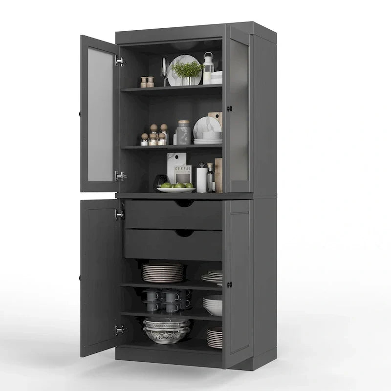 100% Solid Wood Pantry Cabinet with Frosted Glass Doors, Solid Doors, 2-Drawers and Adjustable Shelves