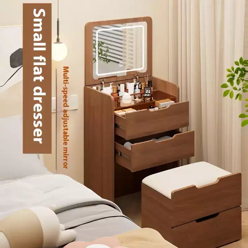 3 in 1 Vanity Desk with Plip Top Mirror,Small Make Up Vanity Set with Visible Glass Desktop, Compact Makeup Vanity with 3 DrawersWalnut