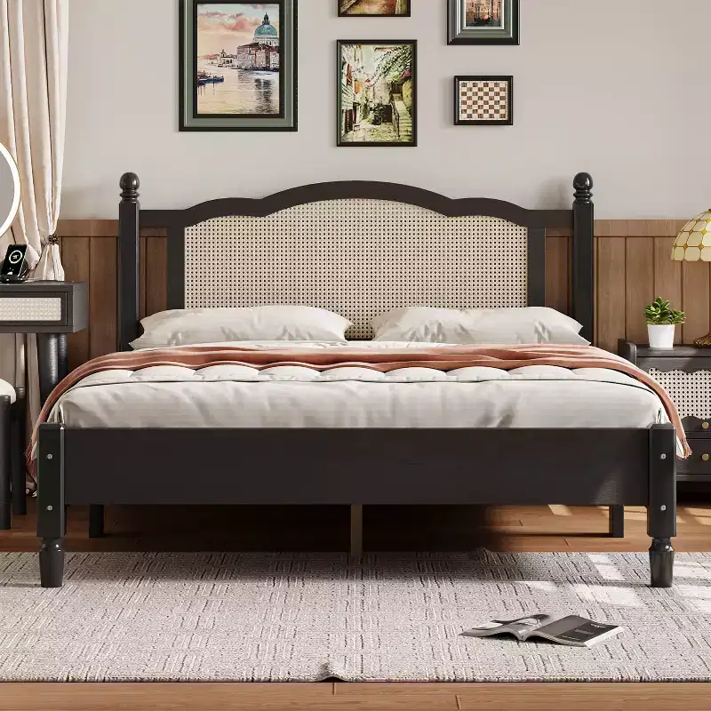 Queen Size Wooden Platform Bed with Natural Rattan Headboard and Wooden Slat Support, Easy Assembly