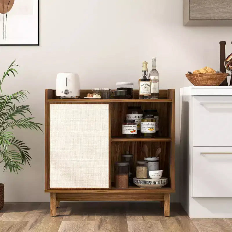 Costway Rattan Sideboard Cabinet Farmhouse Buffet Storage Cabinet with Sliding Door 2 Adjustable Shelves