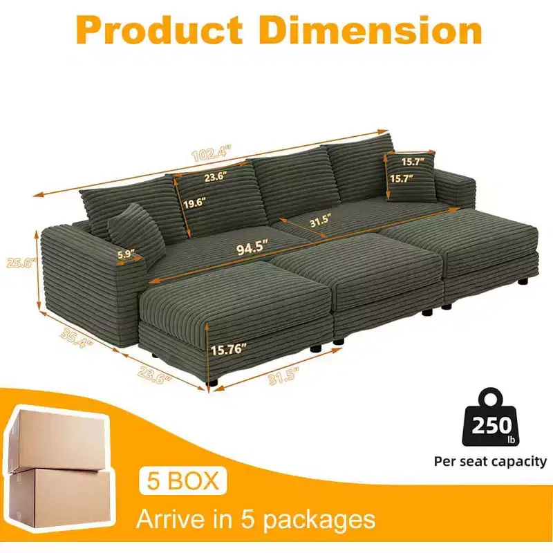 Canapé convertible 4 places en velours côtelé peluche 102,4 cm avec poufs - Vert