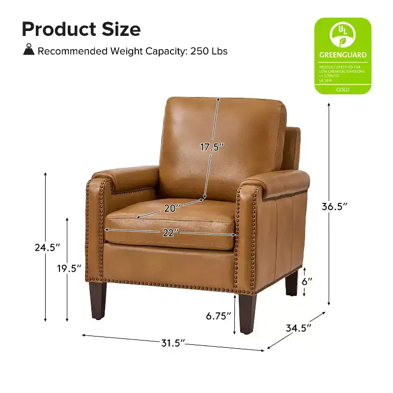 Hellmuth Genuine Leather Armchair with Removable Cushion and Nailhead Trims | HULALA HOME