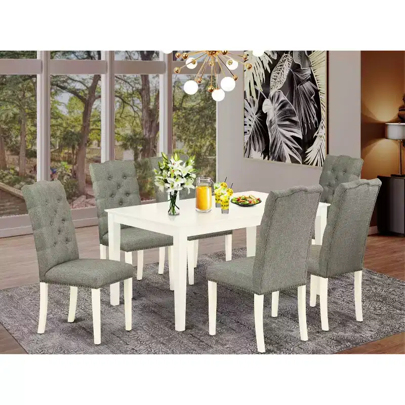 Rectangular Dining Table Set - 7 Piece Table and Chair Set - Linen White Finish