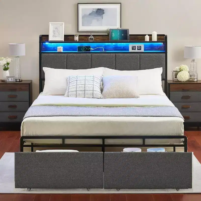 Bed Frame with Storage Headboard, LED Lights, Charging Station, 2 Drawers, No Box Spring Needed, Easy Assembly
