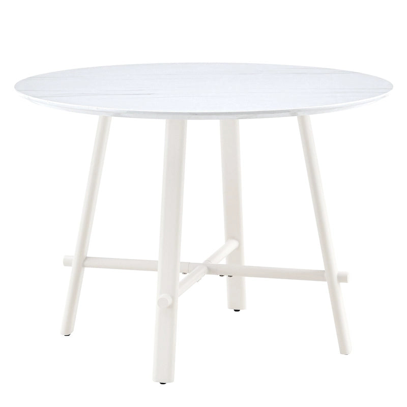 Round Dining Table with Marble-Effect MDF Top & White Metal Legs �C Seats 4�C6