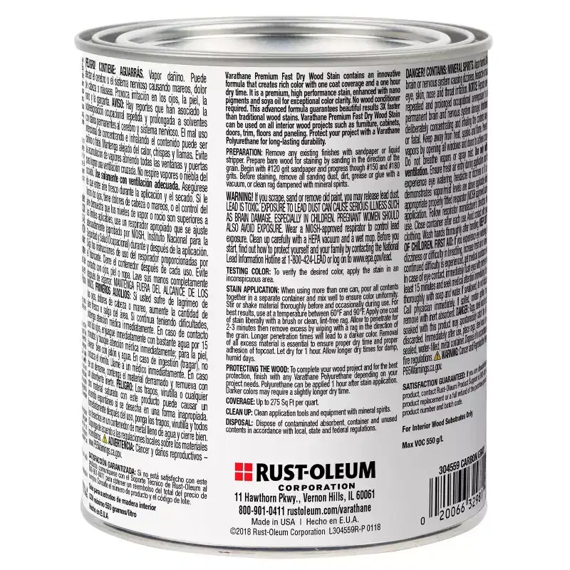 Rust-Oleum 2pk Varathane Premium Fast Dry Wood Stain Quart Carbon Gray: Interior Oil-Based Paint Stain, 275 Sq Ft Coverage