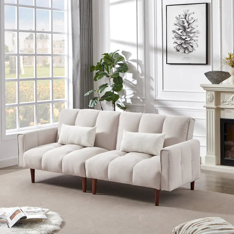 Convertible Futon Sofa Bed with Adjustable Positions and Wooden Legs