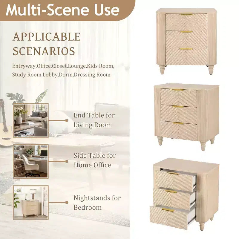 Whisen Modern 3-Drawer Nightstand with Wavy Groove Design, Gourd Legs & Golden Handle for Bedroom