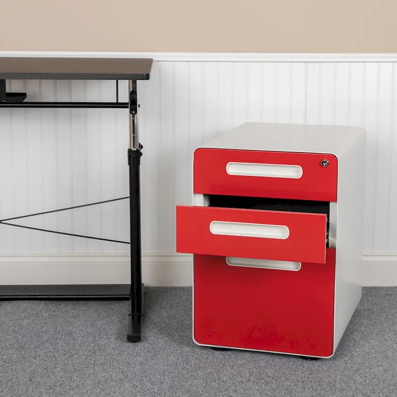 3-Drawer Mobile Locking Filing Cabinet with Casters White Red