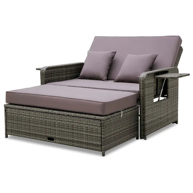 Patio Rattan Daybed Set Wicker Loveseat Sofa w/ Ottoman & Side Tray