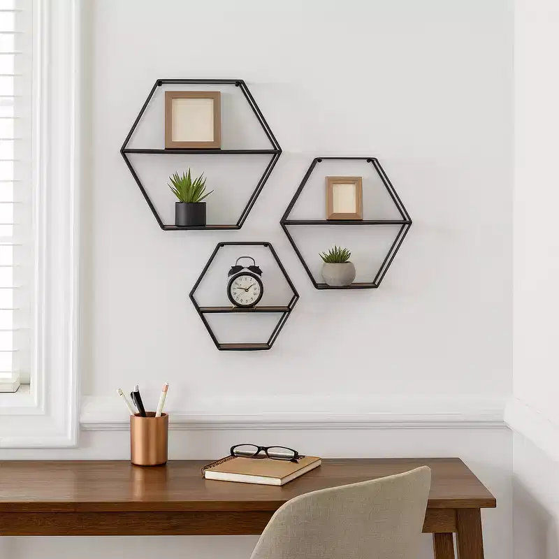 Modern Hexagon Wall Mounted Shelves for Home Decor - Wood with Metal Frame Storage Organizer for Office Display - Set of 3, 22, 21, 19