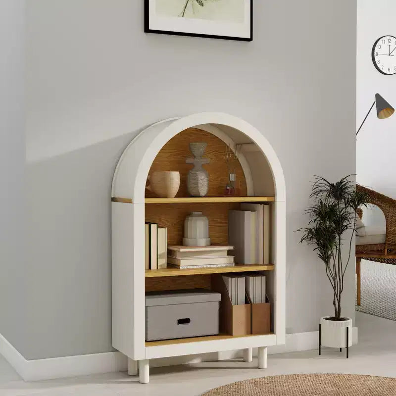 Arched Bookcase, Arched Storage Cabinet, Modern Wooden Arched Bookshelf with 3 Shelves, White with Wood Grain Shelves, 3-Tier Storage