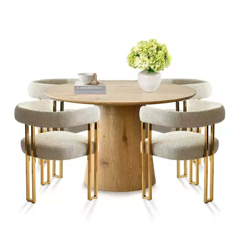 Expandable Round to Oval Dining Table Set with 4 Velvet Armchairs, Modern Pedestal Design, Seats Up to 8 People-Panipeachy