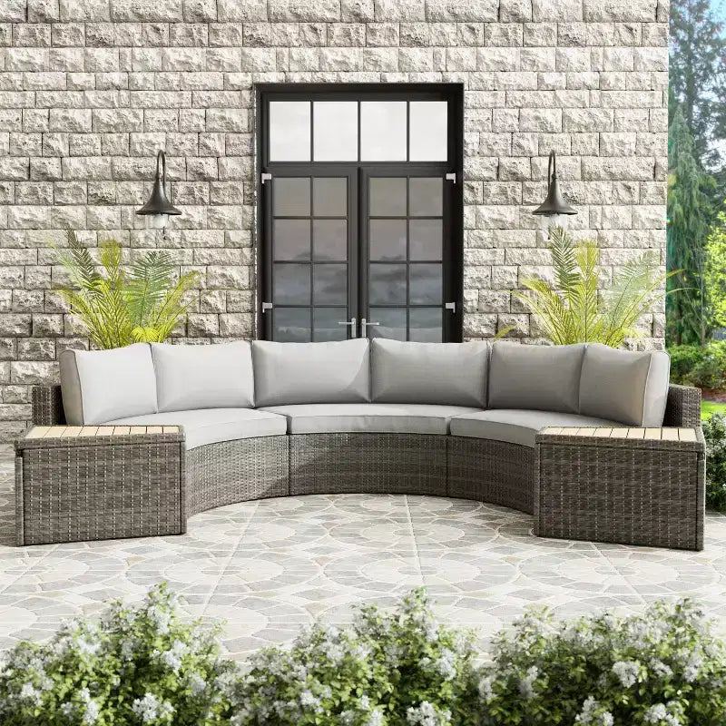Greemotion 5pc Barbuda Curved Outdoor Furniture Set with Teak Wood Storage Tables Brown: UV-Protected, Rust-Resistant Patio Set