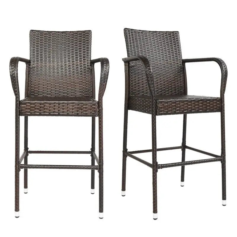 Outdoor 2-Piece Brown Rattan Bar Stools Wicker High Bar Chairs