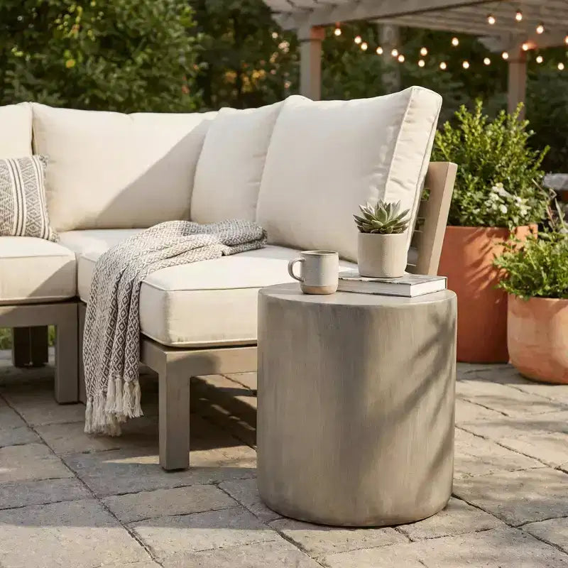 LeisureMod Vintara Round Accent Table - Brushed Stone-Style Fiberstone Side Table