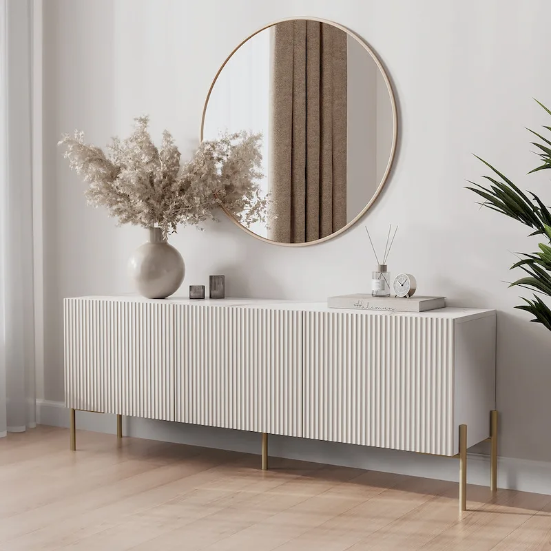 Beige TV Stand Console Fits TV's up to 65 in. with Metal Legs in Art Deco Design