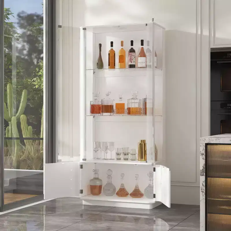 Famapy Modern Glass/Whiskey Wine Rocks,Display Cabinet,Liquor Display Shelf,LED-Lit,Tall Floor-Standing for Home Bar & Living Room
