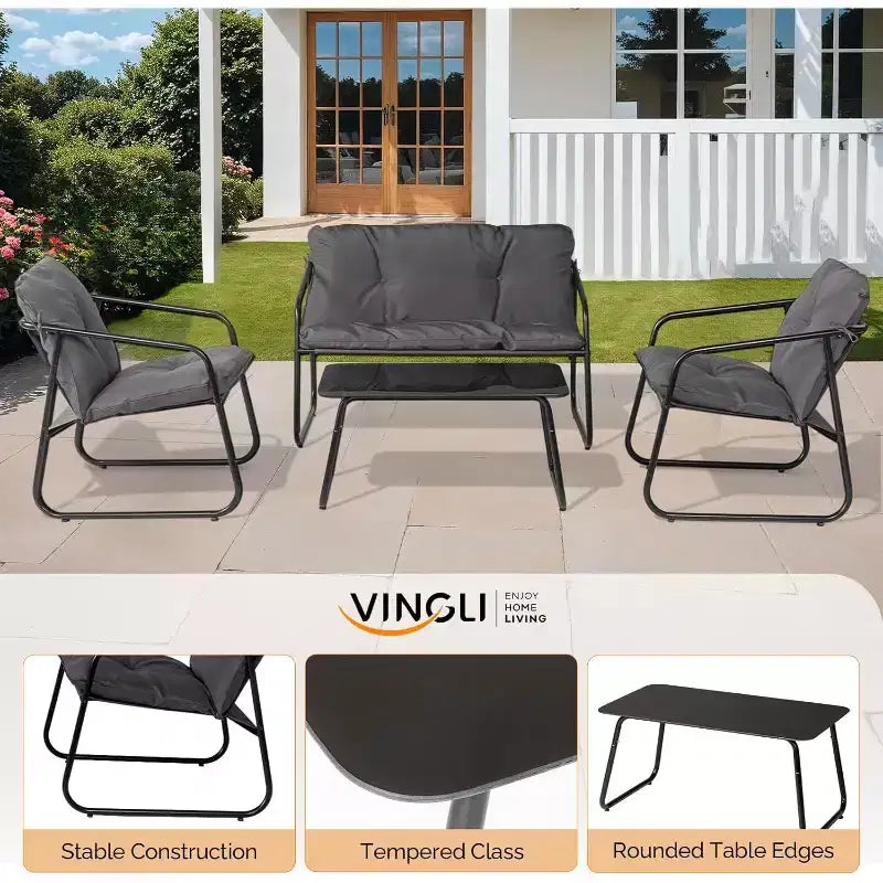 VINGLI 4 Piece Patio Conversation Set, Outdoor Furniture Set with Glass Coffee Table & Comfortable Cushion, Grey