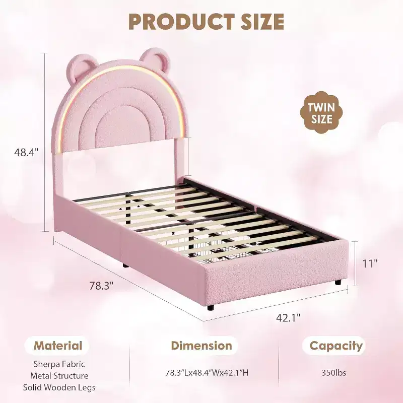 Princess double bed frame with 4 storage drawers and light, velvet upholstered platform bed, rainbow headboard, suitable for children, gray