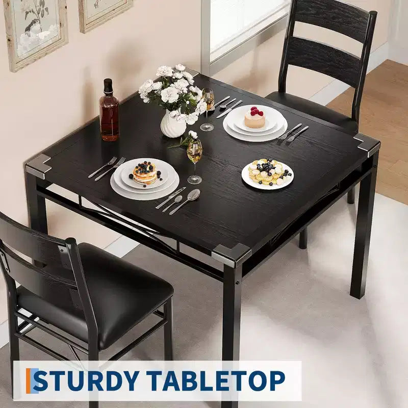 Dining Table Set with Upholstered Chairs, Compact Space-Saving Kitchen Furniture with Corner Guards for Apartment Home, Black, 2+1