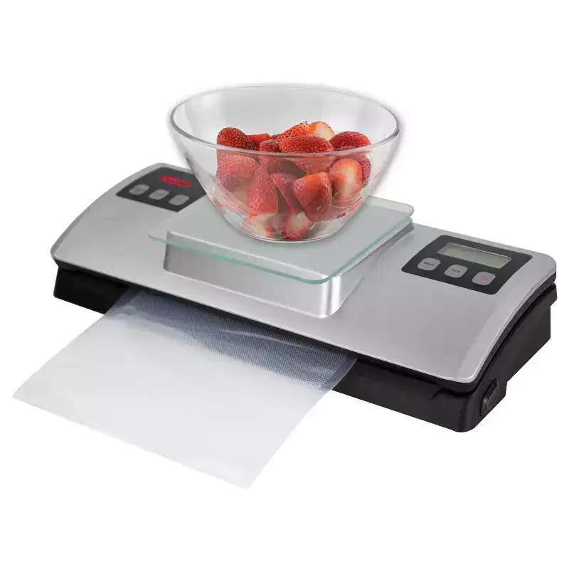 NESCO Deluxe Vacuum Sealer with Scale: Food Sealer Machine, Silver, Plastic, Spot Clean, 1-Year Warranty, Includes AAA Batteries