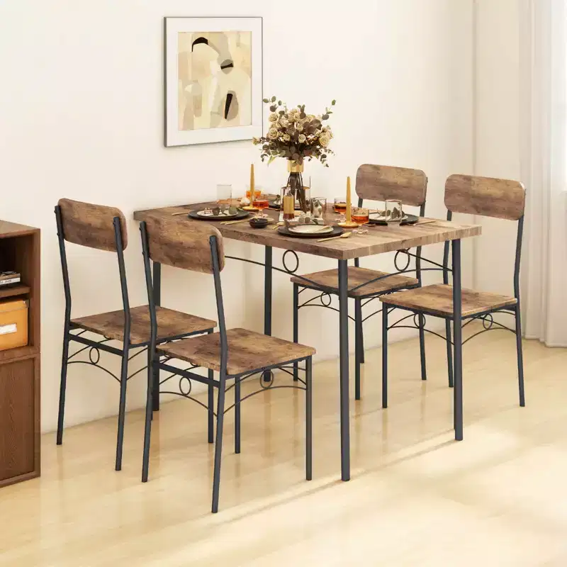 Costway 5 PCS Industrial Kitchen Dining Room Furniture with Wood Rectangular Table 4 Chairs