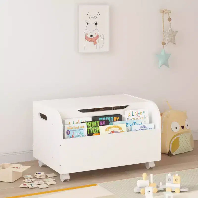Whisen Wooden Toy Box, Kids Toy Storage Organizer with Front Bookshelf, Flip-Top Lid, Safety Hinge