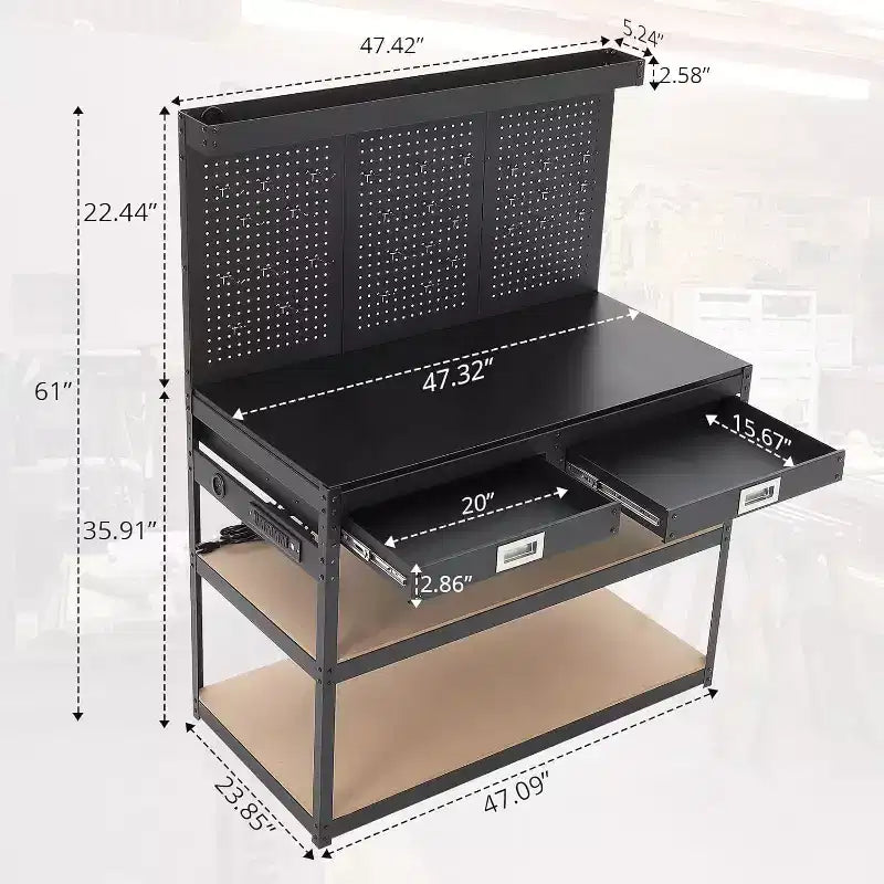 Acekool 48 Adjustable Workbench, 3-Tier Heavy-Duty Work Table with Power Outlets, Drawer & Pegboard, 880 lbs Load, for Garage Office Workshop