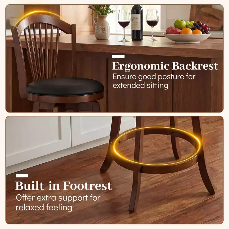 Costway Swivel Bar Stools Set of 2/4, 25 Counter Height Barstools with Backrests, Wood Frame Brown