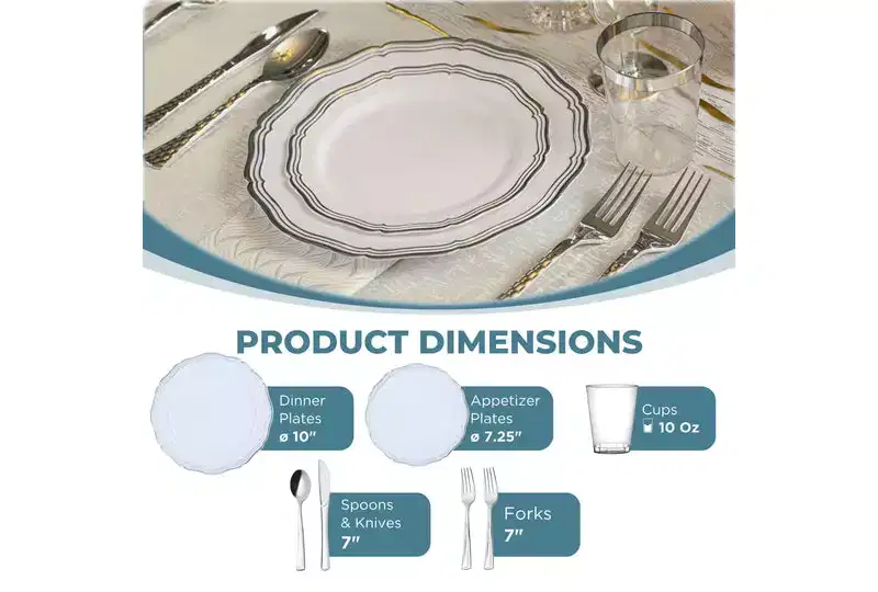 Posh Setting 280 Piece White And Silver Plastic Party Bundle - Aristocrat (40 Settings)