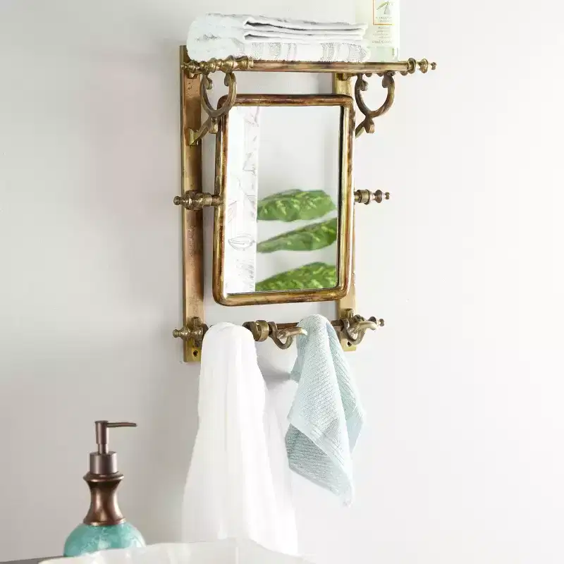 15 x 20 Bathroom Wall Rack with Hooks and Rectangular Mirror - Olivia & May