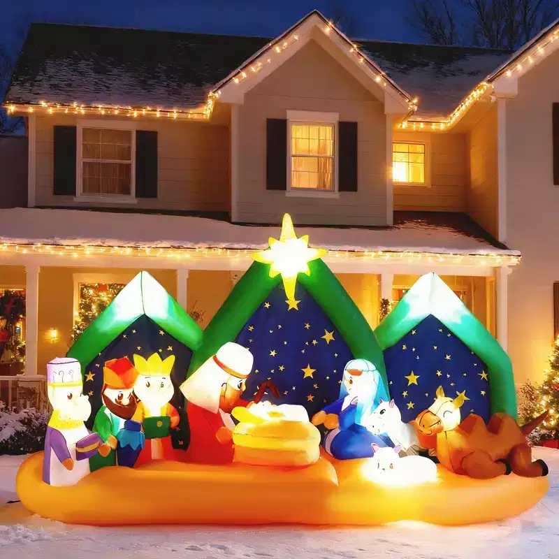 9FT Christmas Inflatable Decoration, Inflatable Nativity Scene with Starry Night Backdrop, Blow Up Yard Decorations for Holiday Party Yard Lawn Garden