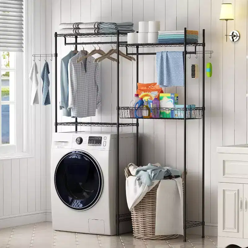 Over Washer and Dryer Storage Shelves, Height Adjustable Clothes Drying Rack, Laundry Room Shelves, 57.4 W Space Saving Shelving Units with Hooks