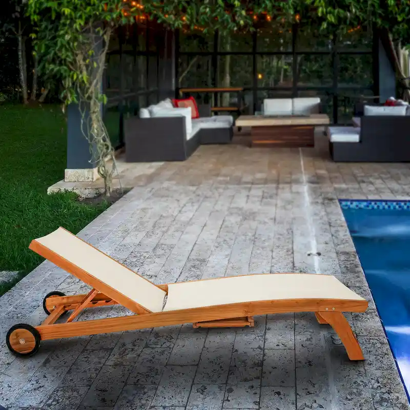 Chic Teak Bahama Teak Wood Pool Lounger With Batyline Mesh, White
