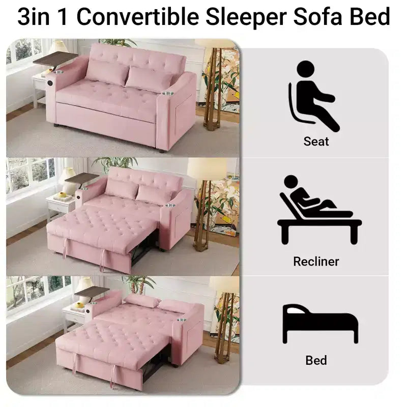MooxvMoo 3 in 1 Sleeper Sofa Bed,Convertible Pull Out Couch with Small Table,USB and Type-C Ports,Loveseat Sleeper Bed with Side Pockets,Pink