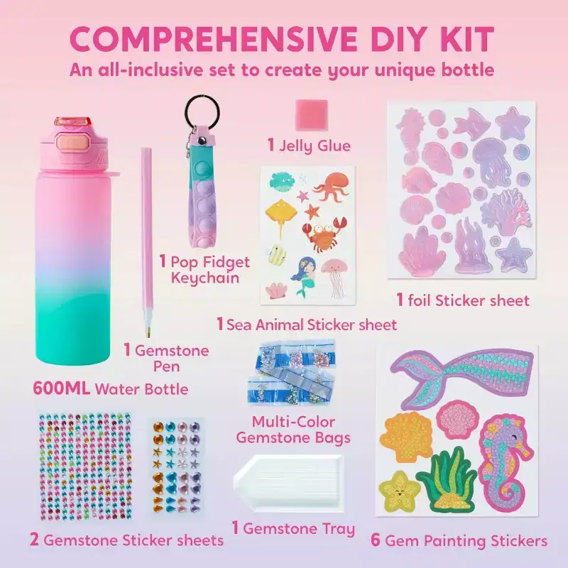 Joyfy Mermaid DIY Water Bottle Kits for Kids, Gem Diamond Painting Crafts, Arts and Crafts, Creative Birthday Christmas Gift for Girls Age 6+