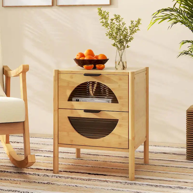 1/2 PCS Bamboo Nightstand with 2 Storage Drawers & Reeded