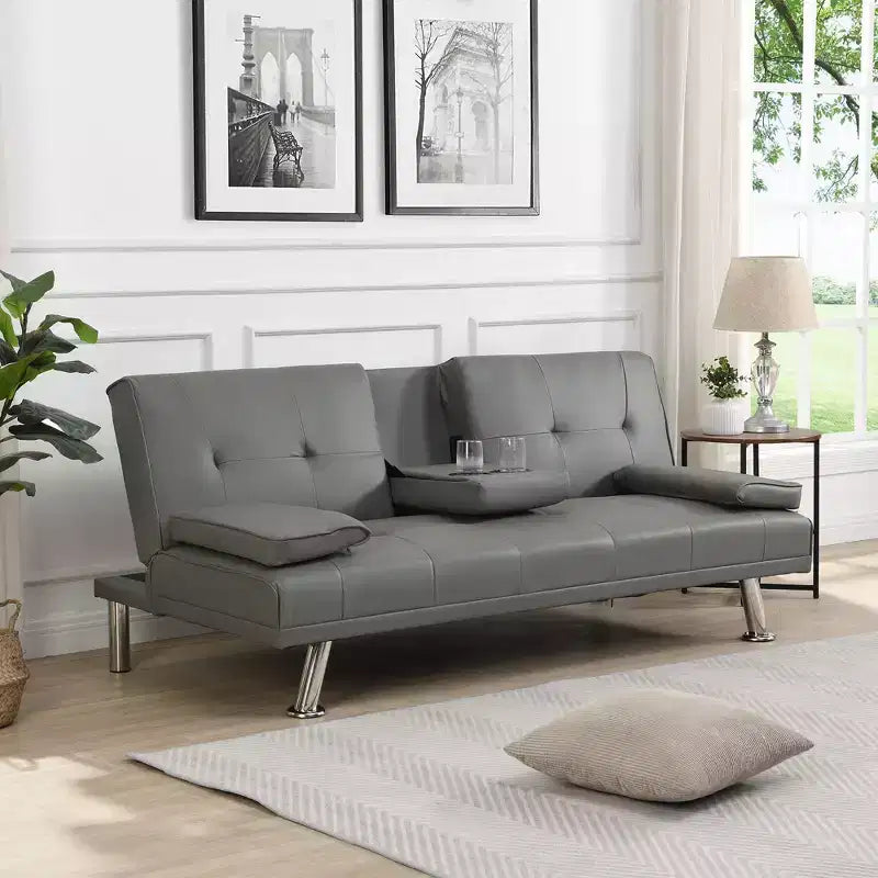 TUYOHW 66.1 Inch PVC Convertible Folding Futon Sofa Bed with 2 Cup Holders for Living Room,Office,Apartment,Bedroom