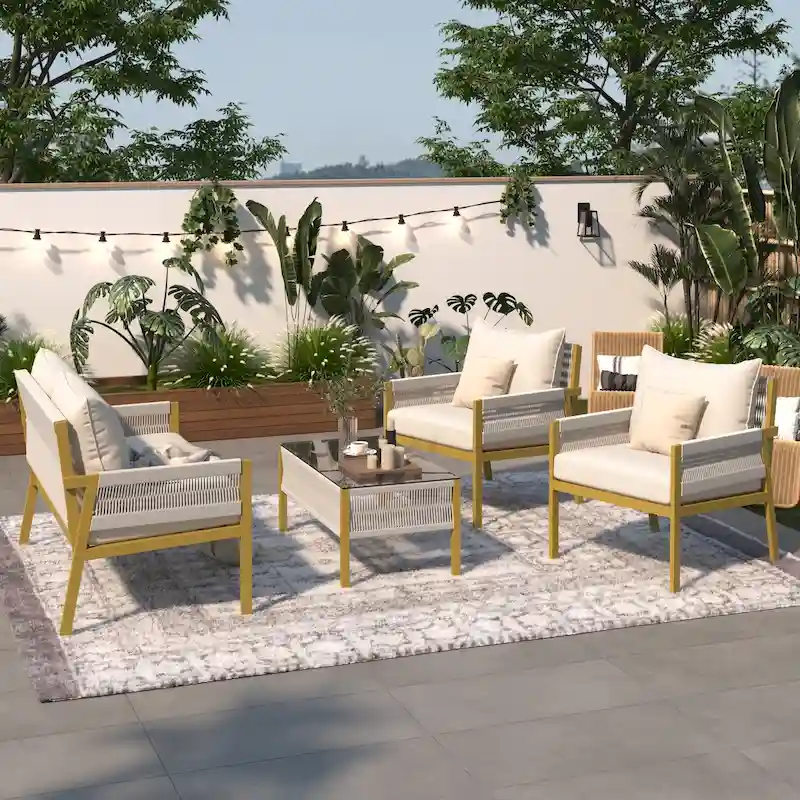 4-Piece Rope Patio Furniture Set,Outdoor Furniture with Tempered Glass Table for Backyard Porch Balcony