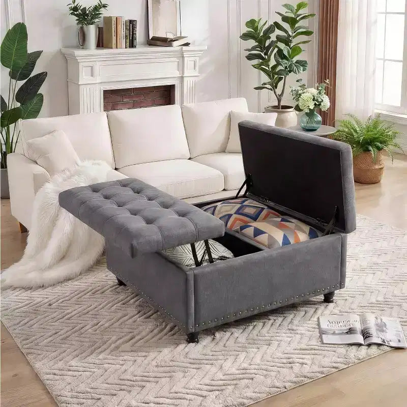 36 Large Square Storage Ottoman with Lift Top, 300 LBS Tufted Coffee Table Bench with Study Wood Legs, Multi-Functional Footrest Storage Box