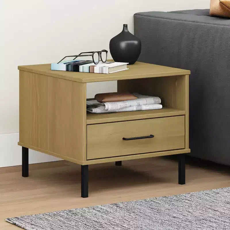 vidaXL Bedside Table Bedroom Nightstand with Metal Legs Solid Wood Pine OSLO