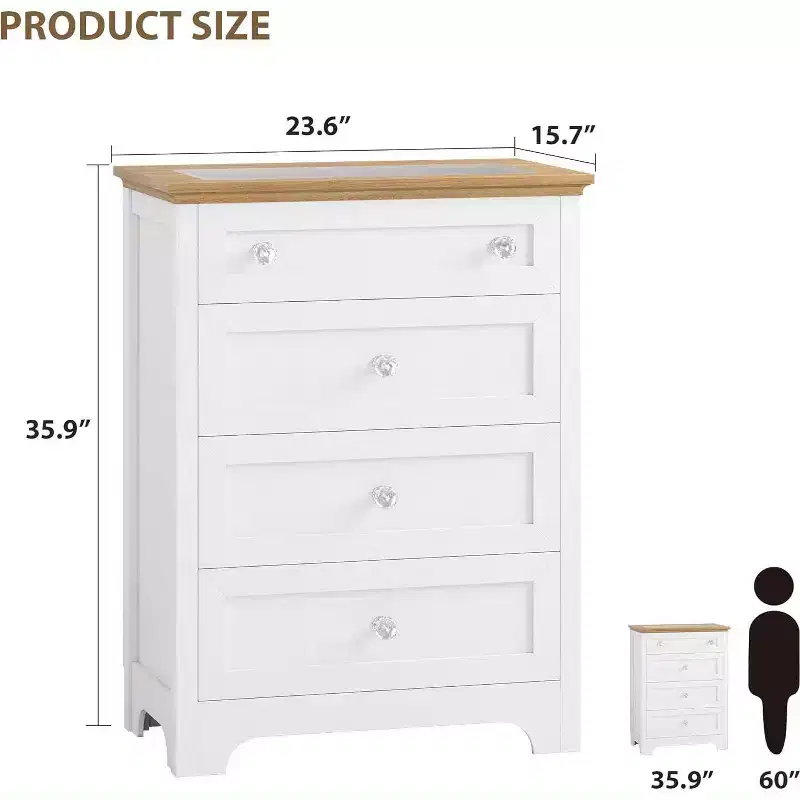 4 Drawer Nightstand Cabinet with Glass Top, Modern Dresser for Bedroom, Living Room, Entryway