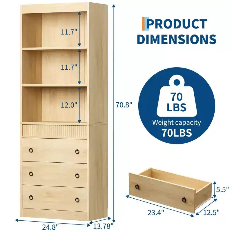Bookshelf with Drawers 70.8 Fluted Bookcase, 6 Tier Bookcase with Storage, Tall Book Shelf with Waved Design, Storage Cabinet with Open Shelf