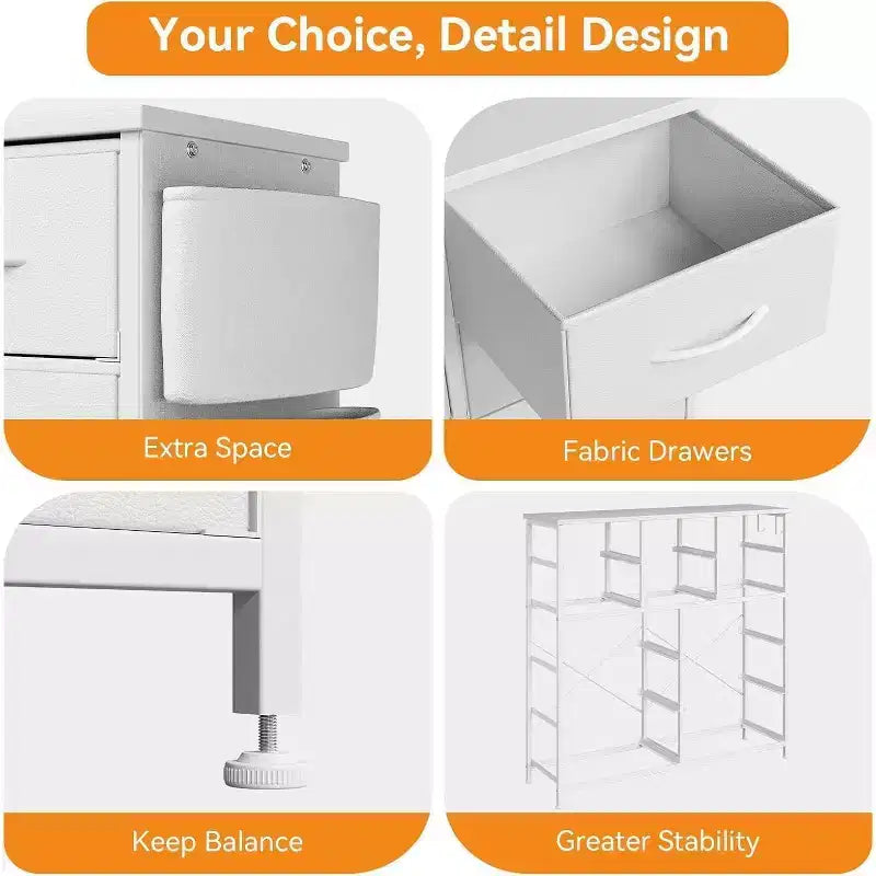 Acekool 10 Drawer Dresser with Side Pockets and Hooks, Tall Chest of Drawers for Bedroom, Living Room, Hallway, White