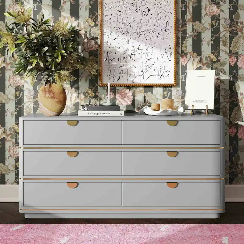 6-Drawer Art Deco Dresser with Brass Pulls & Soft-Close Drawers �C Acacia Wood